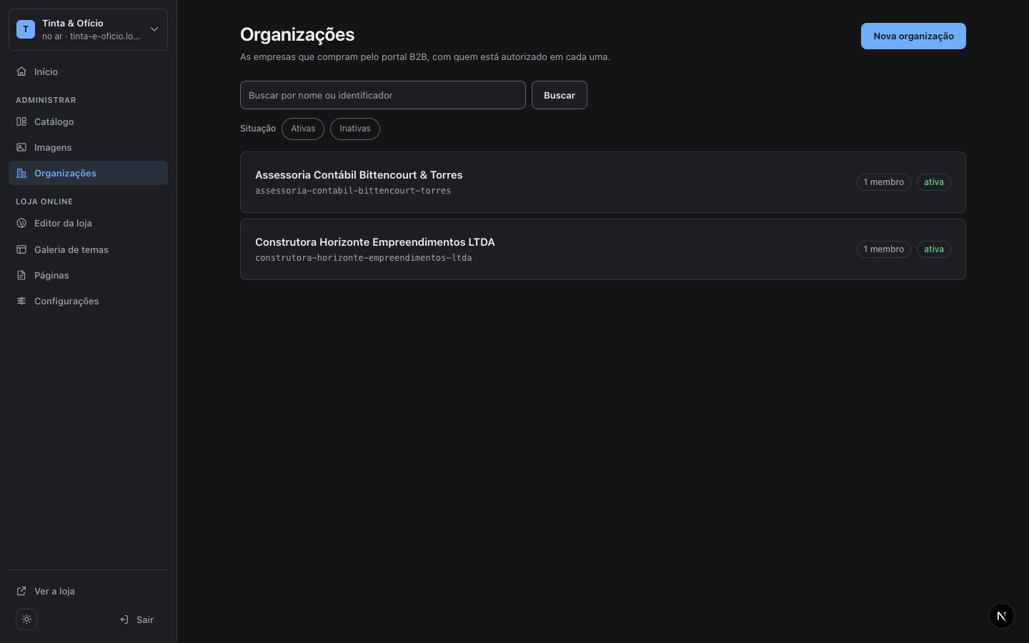 Portal B2B mostrando organizações compradoras e seus pedidos